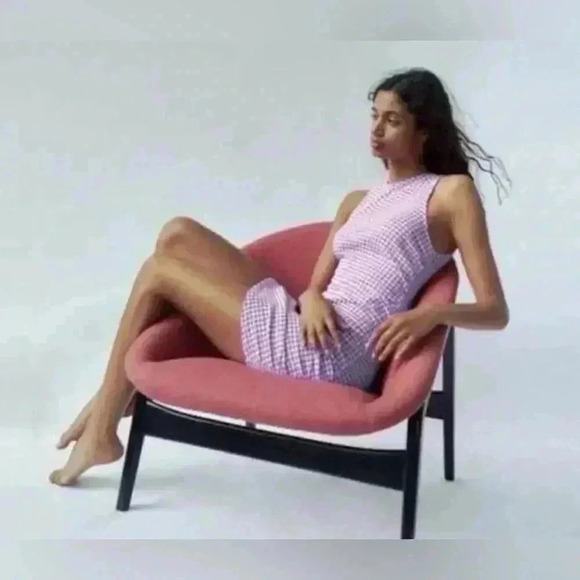 ZARA Gingham Check Side Ruched dress mini super cute NWT Sleeveless size med - Picture 3 of 11